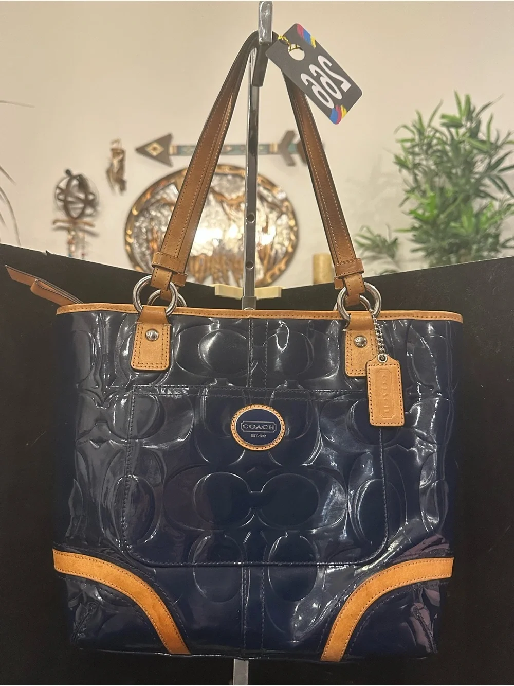 Coach #266 Peyton Embossed Navy Patent Tote with Tan Leather Trim